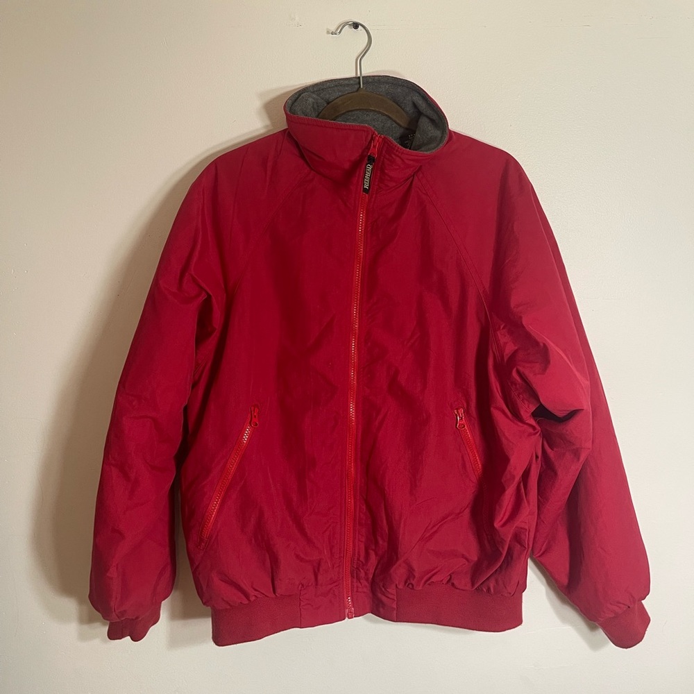 Red puffer jacket